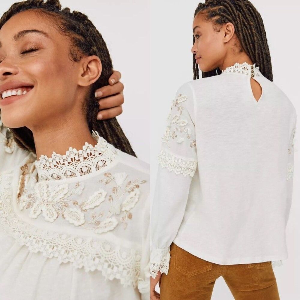 Anthropologie Jemma Cream Crochet Lace Romantic Blouse Size M NEW - Picture 3 of 7